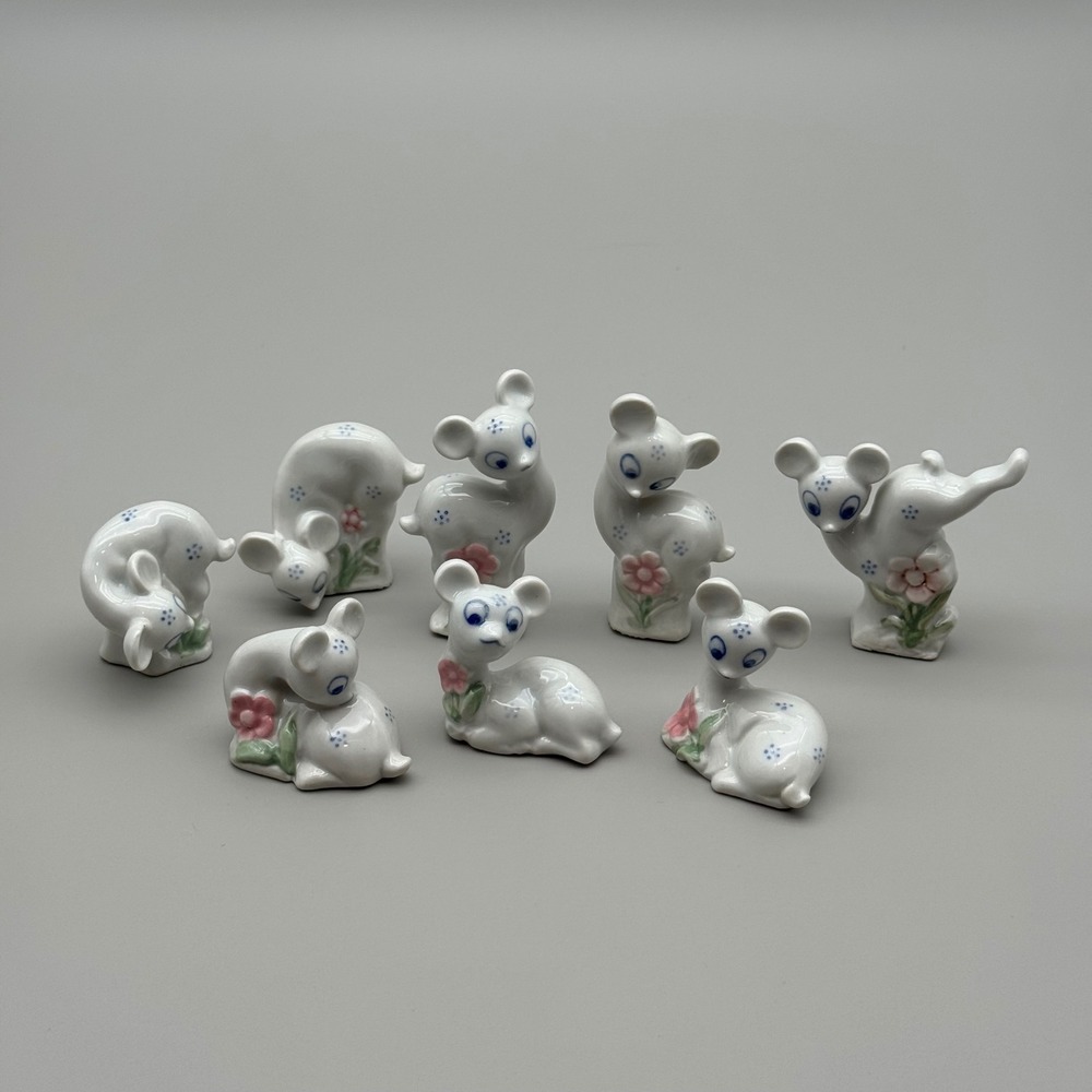 Porcelain Deer Figurines Set Of 8 Miniature Miniature Fawn Flower Ceramic